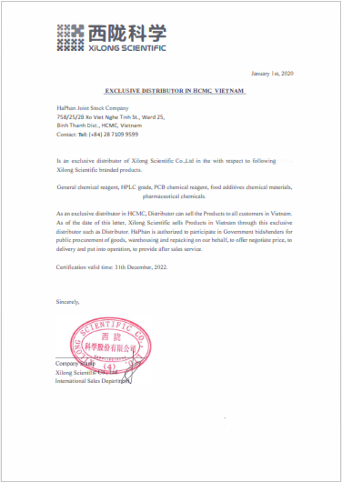 Chứng nhận độc quyền hóa chất Xilong tại Việt Nam